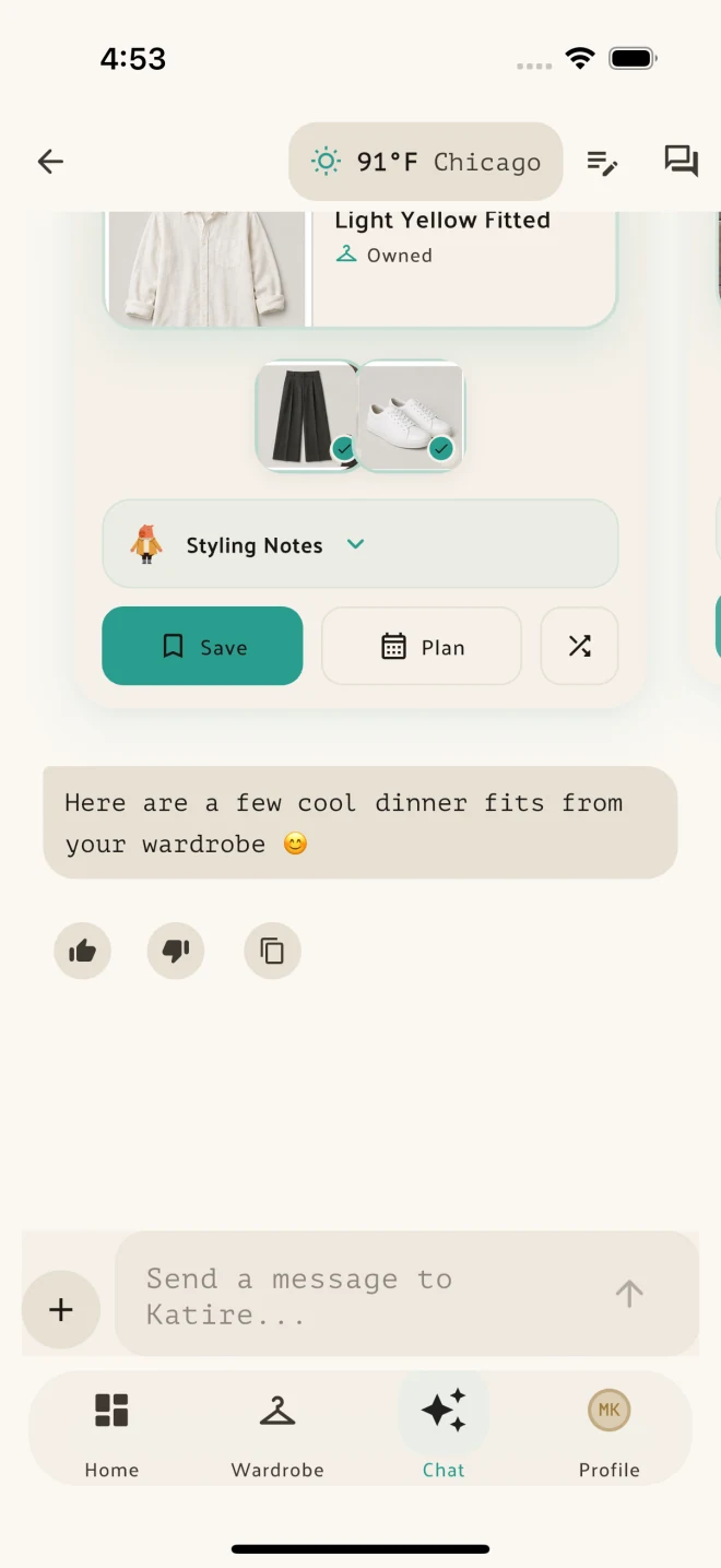 Katire stylist chat using pieces from the user's wardrobe